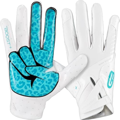 Grip Boost Football Gloves - Peace Stealth 6.0 Boost Plus Sticky Technology - Adult and Youth Football Gloves for Wide Receiver - Men's and Boys Sizes (White/Aqua, Youth Small) - Image 1