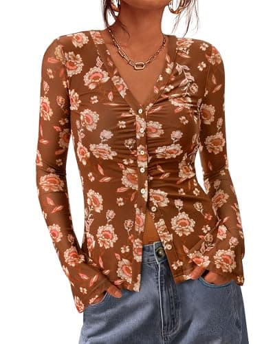 BTFBM Button Down Shirts for Women 2026 Spring Boho Tops V Neck Long Sleeve Blouses Ruched Mesh Fitted Fashion Clothing(Khaki, Small) - Image 1