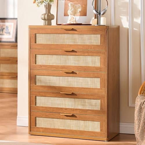 LEYAOYAO Rattan Dresser for Bedroom, 41" Tall Dressers Chest of Drawers, Boho Small Dressers with 5 Drawers, Tea Brown Dresser Wooden Closet Organizer for Living Room, Hallway - Image 1