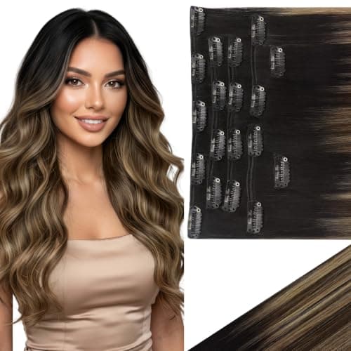 Ve Sunny Clip in Hair Extensions Real Human Hair Black Ombre Clip in Human Hair Extensions Black with Brown Blonde Balayage Hair Extensions Clip ins Short Hair 12Inch 85g - Image 1