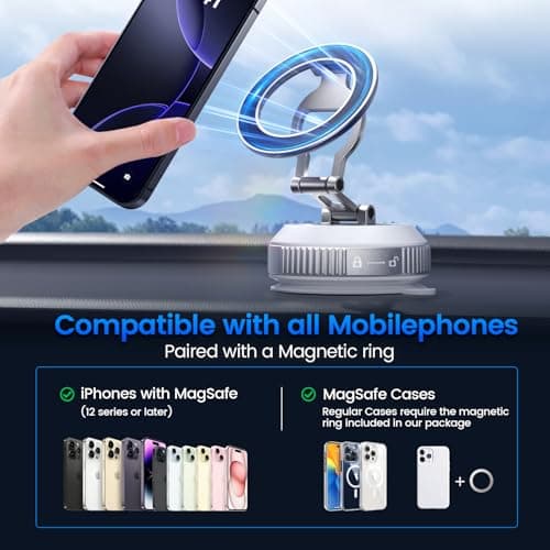 Tri-Folding Car Phone Holder for Magsafe[80+LBs Strongest Suction & 2850gf Strongest Magnetic], 360°Adjustable Phone Holders for Car, Suction Cup Phone Mount for iPhone17Pro Max /16/15/14Series，Black - Thumbnail 4
