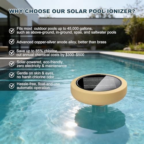 Solar Pool Ionizer for Above Ground, Floating Copper Pool Cleaner Purifier Cuts Chlorine by 85% Works for Pools Up to 45,000 Gal, Swimming Pools Water Cleaner for in-ground Pools and spas (Yellow) - Thumbnail 4