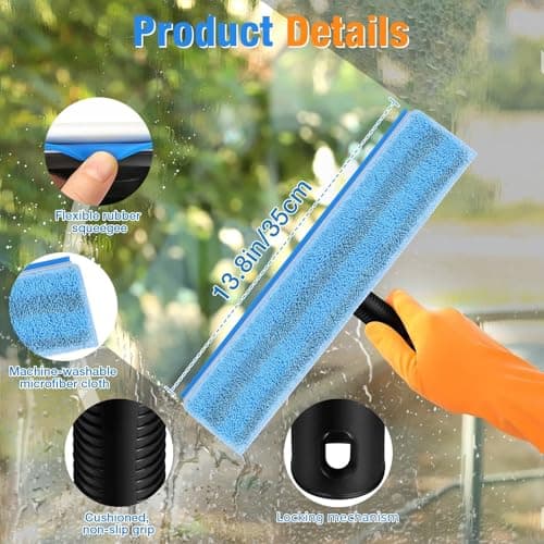 Window Squeegee for Home Window Cleaning – Squeegee and Microfiber Window Scrubber, Glass Squeegee for Shower Glass Door,Mirror,Car Windshield,Bathroom,Household Window Cleaner Tool,13.8",Blue - Thumbnail 2