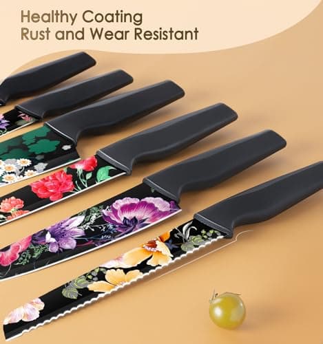 Astercook Knife Set, 12-Piece Flower Kitchen Knives Sets with Blade Guards, Dishwasher Safe, German High Carbon Stainless Steel, Perfect Gifts for Kitchen - Thumbnail 5