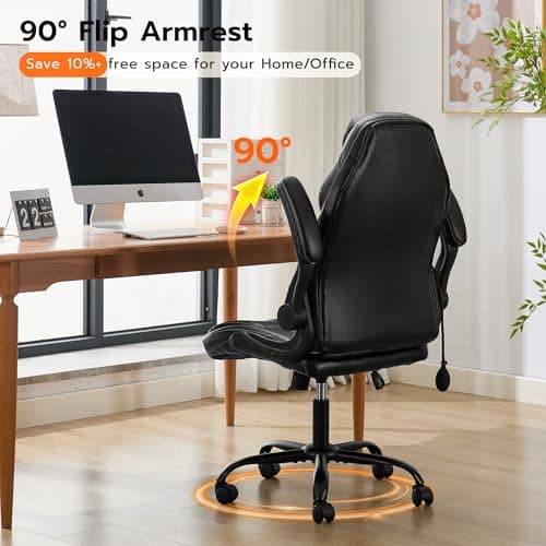 Office Desk Chair, Ergonomic Computer Chair with Padded Flip-Up Arms and Adjustable Lumbar Support, PU Leather Executive Chair with Tilt Lock and 360° Swivel Rolling Wheels for Work, Study - Thumbnail 6