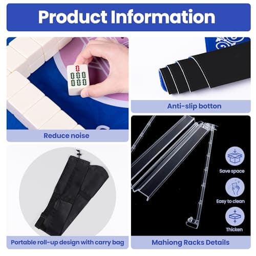 Blue Mahjong Mat for Table with 4 Racks - Anti Slip Mats for Card Poker Playing Board Game Tabletop Gaming - Noise Reduction Foldable Mah jongg Table Cover - Rectangle Mahjong Pad (32" x 32") - Thumbnail 4