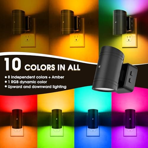 Briignite Night Lights Plug into Wall, 10-Color Changing RGB Night Light for Kids,180° Rotatable Plug in Nightlight with Dusk to Dawn Sensor for Bathroom Decor, Children Room, Gift-2 Pack - Thumbnail 2