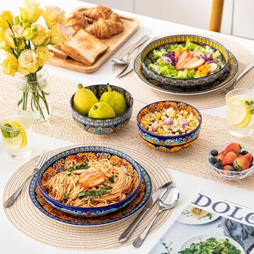 vancasso Pasta Bowls Set of 4, Ceramic Salad Serving Bowls, 42Oz Large Pasta Bowls, 8.7 in Colorful Bowl Plates for Soup, Bohemian Shallow Bowls for Kitchen, Microwave & Dishwasher Safe - Thumbnail 5