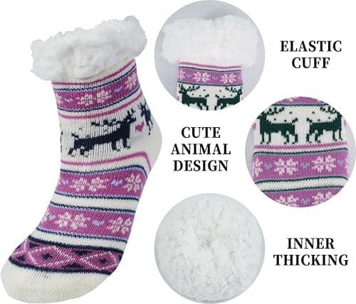 BenSorts Kids Winter Slipper Socks Warm Soft Christmas Fleece Fuzzy Gift For Girls Boys Cute Purple Reindeer 8 9 10 11 12 Years - Thumbnail 4