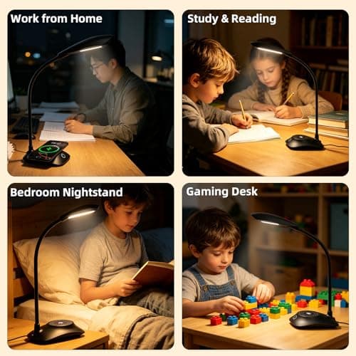 Zensun Desk Lamp for Home Office Compatible with MagSafe Wireless Fast Charging, Dimmable 3 Color Modes, 600LM, CRI 85, Adjustable Neck Study Lamps for College Dorm Room, Adapter Not Included, Black - Thumbnail 6