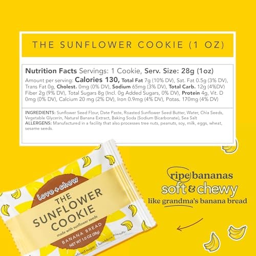 Love + Chew Mini Vegan Cookies, Gluten Free, 4g Plant Based Protein Per Cookie, Healthy Snacks for Adults or Kids, Refined Sugar Free, Individually Wrapped, Sunflower Seed Based Banana Bread, 18 Pack - Thumbnail 2