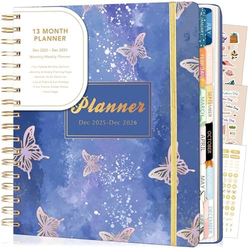 CAGIE 2026 Planner Weekly and Monthly from Dec 2025 to Dec 2026 Hardcover Spiral Bound Calendar Yearly Agenda Planners for Women with Stickers, 8.3 x 9.1, Purple Butterfly