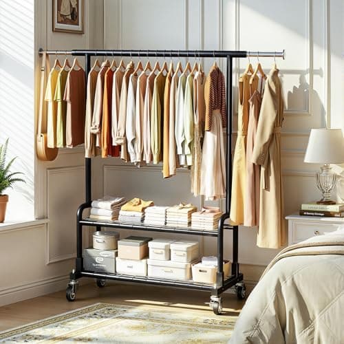 Luxspire Heavy Duty Clothes Rack, Clothing Rack Load 600 LBS, Rolling Clothes Racks for Hanging Clothes with Sturdy Wheels & 2 Tier Shelves, Adjustable Garment Rack for Bedroom, Laundry Room, Black - Thumbnail 2