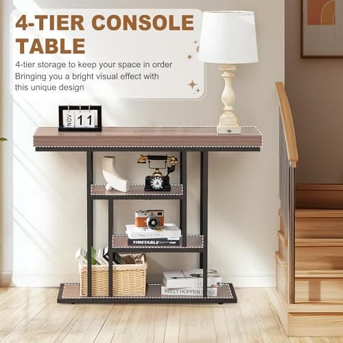 HABUTAY 42 Inch Industrial Entryway Table with 4-Tier Storage Shelves,Sofa Table for Living Room, Narrow Console Table for Hallway, Foyer, Front Door, Accent Furniture with Metal Frame，Rustic Brown - Thumbnail 6