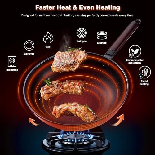 Teewe Carbon Steel Wok -13 Inch Woks & Stir-fry Pans Nonstick, Wok Pan with Glass Lid Spatula and Dish Brush: Pre-Seasoned Flat Bottom Chinese Wok for Induction, Electric, Gas, All Stoves - Thumbnail 3