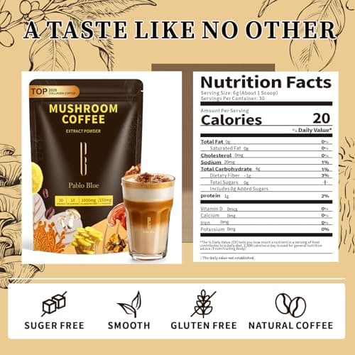 Pablo Blue Instant Mushroom Coffee & Collagen Coffee with 10 Organic Mushrooms – Lion’s Mane, Chaga, Reishi, L-Theanine in Mushroom Instant Coffee for Focus, Skin, Gut Health & Immunity, 30 Serv. - Thumbnail 2