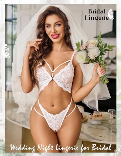Avidlove Bridal Lingerie for Women Deep V Lace Teddy Cutout One Piece Bodysuit Lingerie for Wedding Night White S - Thumbnail 2