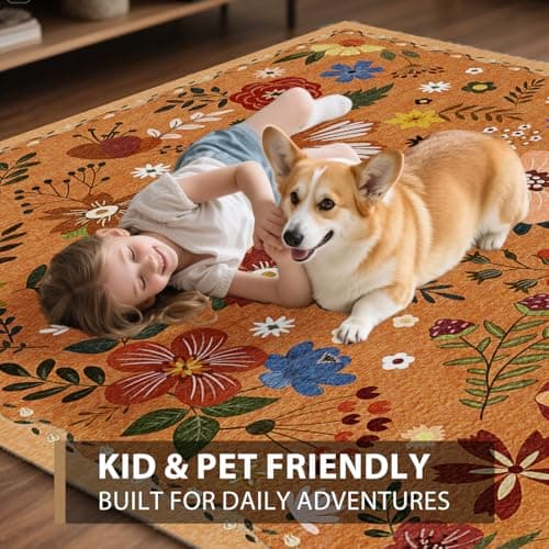 Washable Area Rugs, Floral Rug, Large Carpet for Living Room Bedroom,5'x 7',Orange - Thumbnail 3