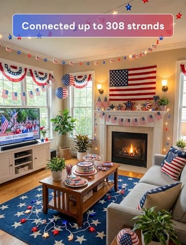 35 LED Red White Blue String Lights, 13.6FT 4th of July Decoration Lights with Patriotic Star & American flag Lights, Connectable Independence Day Lights for Window Home Patio Party Garden Decor - Thumbnail 5