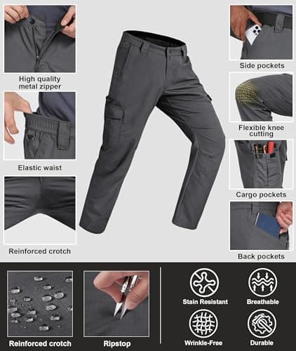 Zoofly Cargo Pants for Men Elastic Waist Ripstop Mens Cargo Work Pants Construction Work Pants for Men Durable Grey 44W*32L - Thumbnail 6