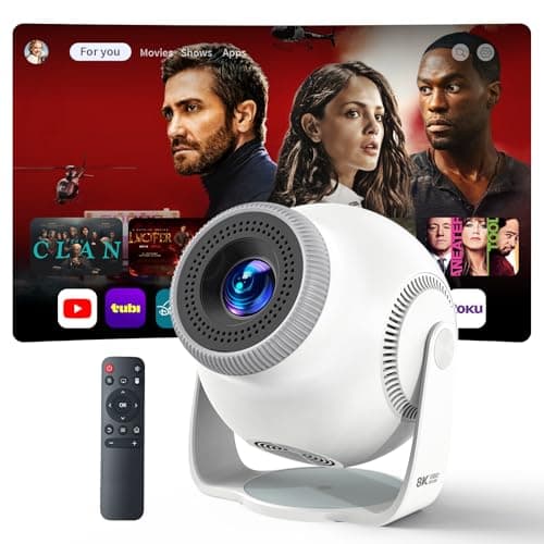 Trunera Smart Mini Projector with WiFi 6 and Bluetooth 5.4, Android 14 OS with Built-in Apps, 270° Rotation, Support 1080P 4K, Portable Projector for Home Theater, Bedroom & Outdoor Movies, White