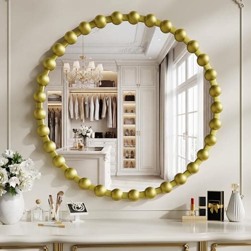 WISSMIELS Round Vanity Mirror for Wall, 28 Inch Beaded Frame Circle Mirror for Bedroom Dresser, Bathroom, Entryway, Living Room, Decorative Hanging Wall Mirror, Gold - Image 1