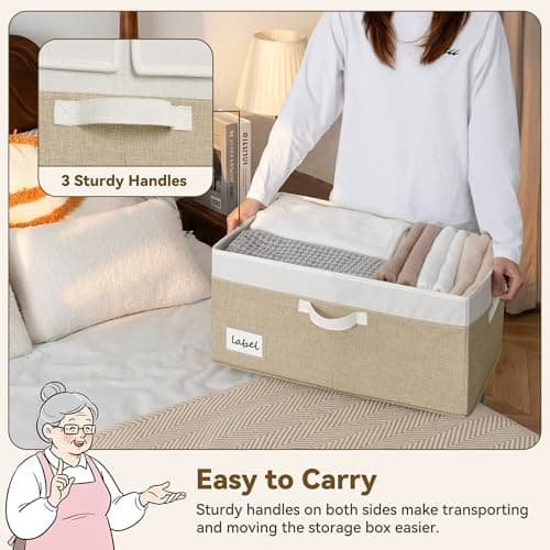GRANNY SAYS Decorative Storage Boxes with Lid, Large Storage Bins with Label, 63L Fabric Storage Bin for Clothes, Toy Storage Chest, Memory Keepsake Box, White/Khaki - Thumbnail 2