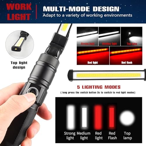 Rechargeable Work Light, 360° Rotate Design, Magnetic LED Work Light Foldable Flashlight,5 Lighting Modes,Mechanic Light, Portable Outdoor Lamp for Car Repair,Camping, Emergency - Thumbnail 4