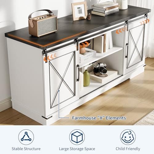 IDEALHOUSE Farmhouse TV Stand for TV up to 65 Inch, Entertainment Center with Sliding Barn Doors and Adjustable Shelves, Mid Century Modern Media Console Table for Living Room, White & Black - Thumbnail 6