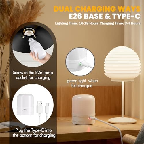 Rechargeable Light Bulb 2-Pack, Battery Operated E26 LED Bulb with Magnetic Base, RGB Color Changing + 3 Color Temps, Remote Control & Timer, Emergency & Portable Light for Power Outage Camping - Thumbnail 5