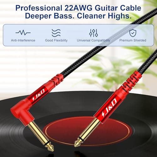 J&D Guitar Cable 2Pack, 1/4 Inch TS Instrument Cable, 6.35mm Cord for Electric Guitar, Bass, Keyboard, Amplifier, Speaker, Right Angle to Straight, Red, 6.6 Feet - Thumbnail 6