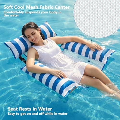 Jasonwell Inflatable Pool Floats Adult - Fabric Pool Floaties Chair Lake Beach Floating Lounger Chair Swimming Pool Noodles Water Hammock Float Mesh Party Floaty Toys Fun for Adults Heavy Duty (Blue) - Thumbnail 3
