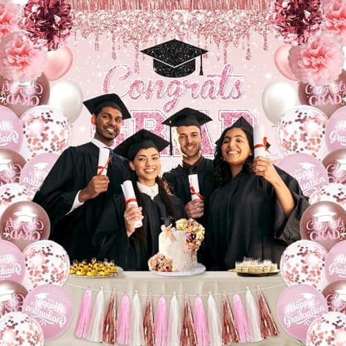 Graduation Decorations Class of 2026, Congrats Grad Backdrop, Graduation Balloons, Paper Pompoms, Paper Tassels, Foil Curtains for 2026 Graduation Party Decorations(Pink) - Thumbnail 6