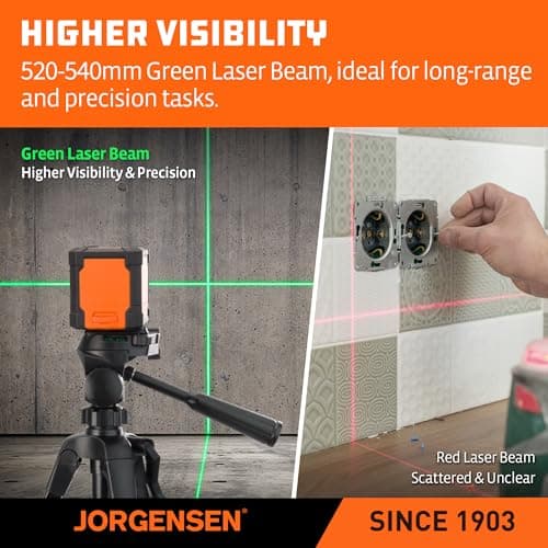 JORGENSEN Laser Level with Tripod, 65 FT Self Leveling Cross Line Laser Leveler Tool with 360° Magnetic Base, Green Laser Level for Picture Hanging, Home Renovation, Indoor Project - Thumbnail 4