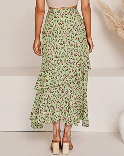 BTFBM Women 2026 Spring Summer Long Skirts Dress Boho Floral Elastic Waist Split Ruffle High Low Beach Maxi Skirt Clothes(Z-Green, X-Large) - Thumbnail 5