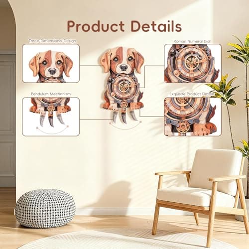 Kosmickiss 3D Wooden Puzzles for Adults, Beagle Mechanical Model Kits, DIY Wall Clock Puzzle, Home Decor Creative Gifts for Men and Women, Pendulum Wood Craft, Gifts for Dog Lovers - Thumbnail 2