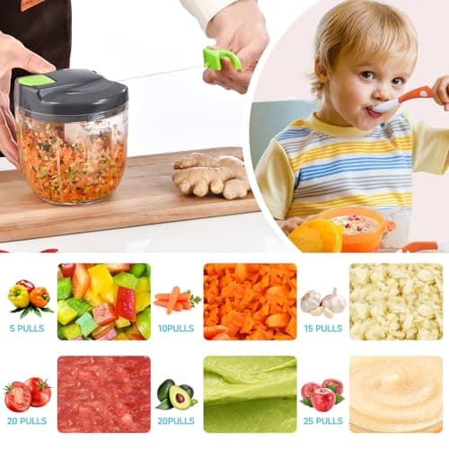 Ziweaye Manual Food Processor Vegetable Chopper, Portable Hand Pull String Garlic Mincer Onion Cutter for Veggies, Ginger, Fruits, Nuts, Herbs, etc., （900ml,Gray-green） - Thumbnail 3