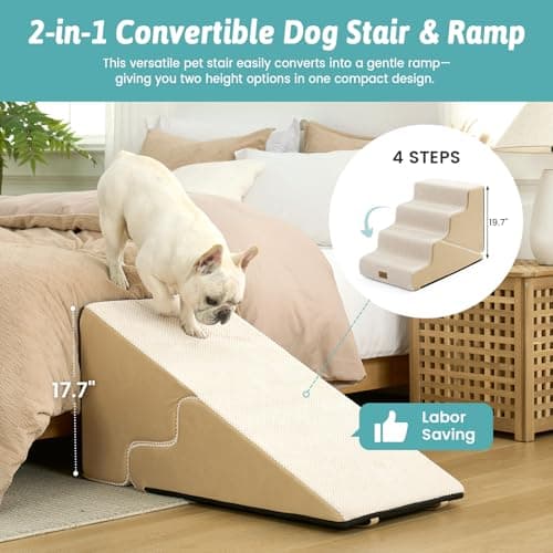 COZY KISS Dog Stairs for Small Dogs, 3-Step 2 in 1 Transformable Pet Stairs for Couch and Bed, 15.7" H Dog Steps for Old Cats, Puppy, Small Dogs (Beige, 17.7x28.3x19.7 in, 4.0) - Thumbnail 2