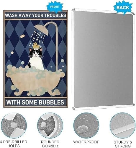 Carastora Vintage Tin Sign – Funny Bathroom Wall Decor, "Wash Away Your Troubles with Some Bubbles", Cat Metal Poster for Home, Cafe, Office, 8x12 Inch - Thumbnail 5
