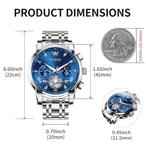 OLEVS Watch Men Luxury Blue Big Face Silver Stainless Steel Dress Wrist Moon Phase Chronograph Waterproof Watches for Men Analog Quartz Cheap Luminous Mens Watches Relojes para Hombres - Thumbnail 4