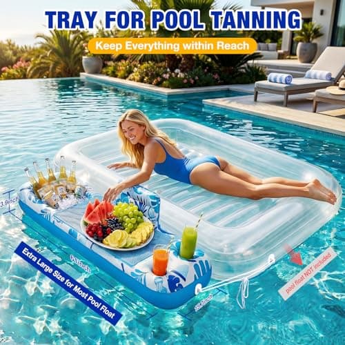 Ayeboovi Floating Tray for Tanning Pool Float - 61" L x 18" W Non-Slip Inflatable Sunbathing Bed Tray with Cooler Ice Bar for Tanning Lounge Raft & Blow up Suntan Tub Water Floatie, Party Gifts - Thumbnail 5