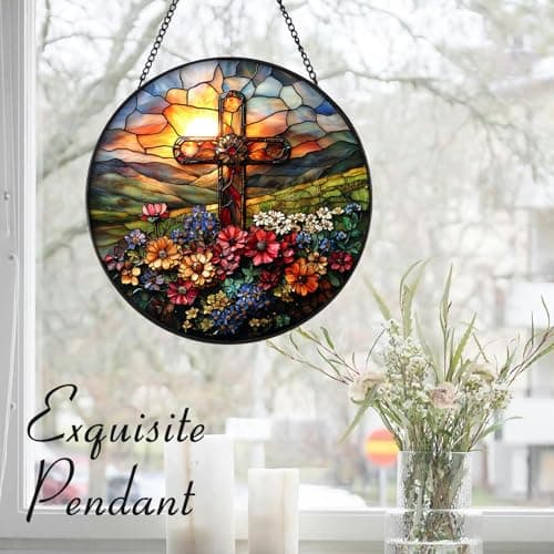 Zizzie Stained Glass Cross Suncatcher - 7.9" Real Glass Floral Mountain Sunrise Window Hanging, Weatherproof Christian Catholic Decor, Easter Memorial Sympathy Gift for Mom Women Pastor - Thumbnail 5