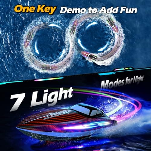 RC Boat for Kids Adults, Fast Remote Control Boat for Pool, Lakes with 30+KPH, 7 LED Lights,Self-Righting,Water Cooling,Fully Waterproof Hull,Demo,Rechargeable Battery,2.4GHz RC Boats Summer Toys - Thumbnail 4