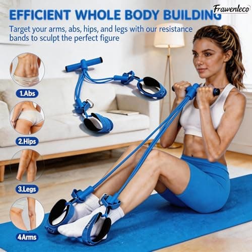 FRAWENLECO Fitness Resistance Bands with 4 Tube Pedal Ankle Puller, Elastic Yoga Pedal Stretch Band for Exercise, AB Training, Sit Up Equipment(Blue) - Thumbnail 4