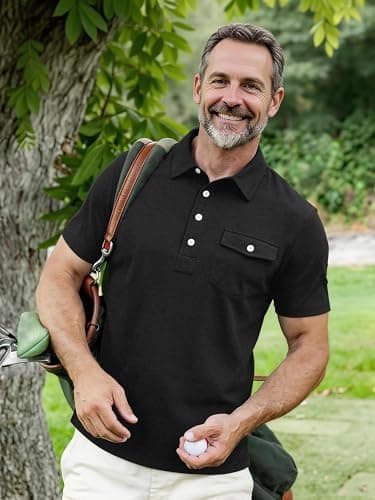 JEMLDL Men Short Sleeve Polo Shirts Stretch Slim Fit Shirt with Pocket Business Casual Summer Work Comfort T-Shirt Black M - Thumbnail 5