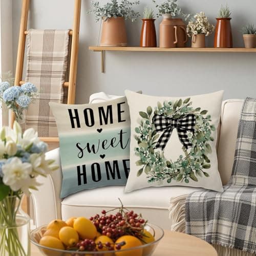 BBOLDIN Farmhouse Spring Throw Pillow Covers 18x18 Couch Cushion Covers, Rustic Country Buffalo Plaid Sofa Couch for Home Room Porch, Pastel Classic Flower Pillow Cases Decor Set of 4 - Thumbnail 4
