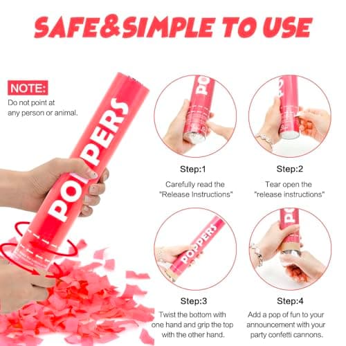 Confetti Cannon 12 Pack Red Biodegradable 12 Inch Party Popper Shooters Bulk for Baby Shower, Wedding, Birthday, Graduation, Party Celebrations - Thumbnail 3