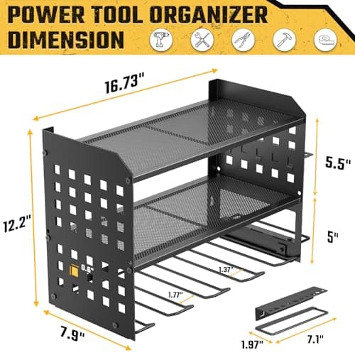SPACECARE Power Tool Organizer, Drill Holder Wall Mount with 2 Side Pegboards with Hooks, 3 Layer Garage Organization Heavy Duty Tool Organizers Utility Rack for 4 Drill Holders Black - Thumbnail 4