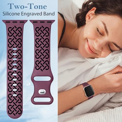 Minyee 2 Pack Engraved Bands Compatible with Apple Watch Band 38/40/41/42mm Women, Soft Silicone Two-Tone Celtic Sport Strap for iWatch Series 11 10 9 8 7 6 5 4 SE/Ultra 3 2 1, Black/VioletRed - Thumbnail 5