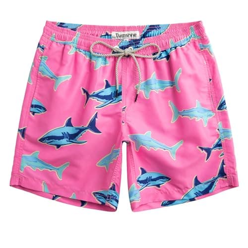 Turnshine Mens Swim Trunks 7" Quick Dry Bathing Suits with Mesh Lining Printed Board Shorts Swimwear Pink Shark Small - Image 1
